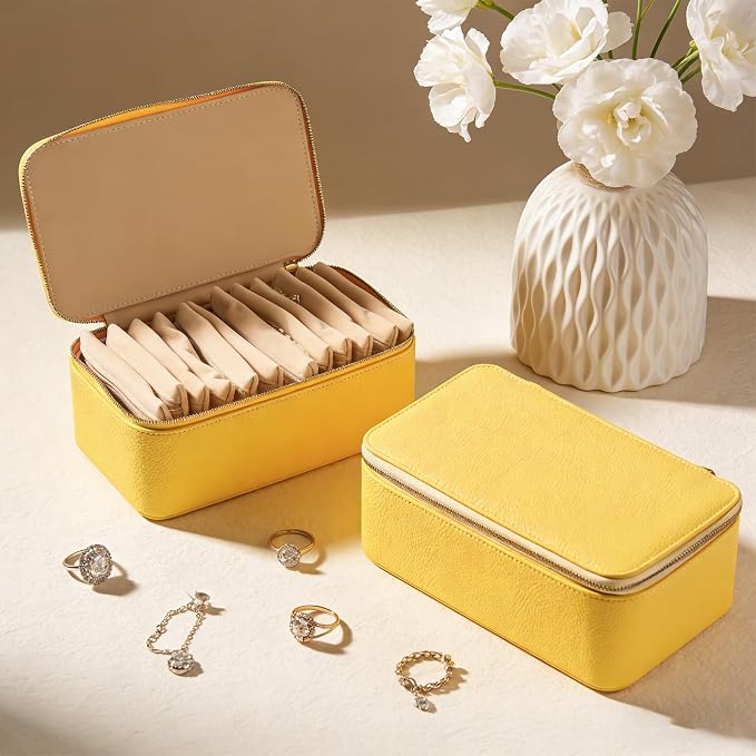 Travel Jewelry Organizer, Travel Jewelry Box with 12 Velvet Zipped Pouches Bags for Jewelries Necklaces Rings Earrings Sorting Storage for Women Girl Gifts, Butter Yellow - Image 2