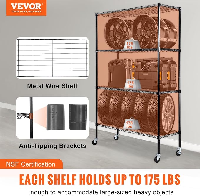 VEVOR Storage Shelving Unit, 4-Tier Adjustable Storage Shelves, 48" L x 18" W x 74" H Garage Storage Shelves, Metal Shelves with Wheels for Kitchen Pantry Basement Bathroom Laundry - Image 4