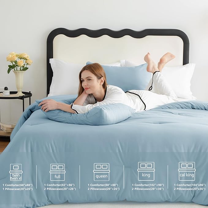 CozyLux Queen Comforter Set Light Blue, 3 Pieces Solid Comforters Queen Size Breathable Bedding Sets, Luxury Soft Lightweight Bed Set with Down Alternative Comforter and 2 Pillowcases for All Seasons