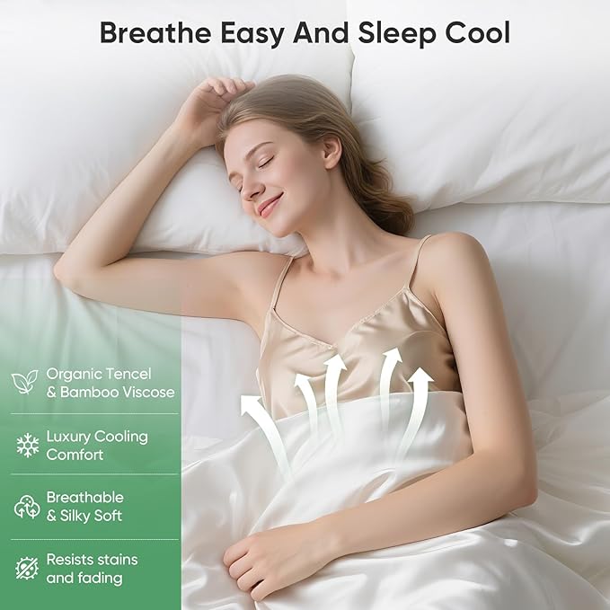 Luxury Organic Tencel & Viscose from Bamboo Cooling Sheet Set,Silky Soft Lyocell Sheets with Deep Pocket, Hypoallergenic & Breathable Bedding with Pillowcases (White, California King)