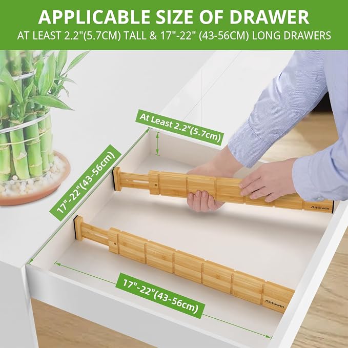 ANTOWIN 4 Pack Expandable Drawer Dividers, 2.2'' High, Extend from 17'' to 22'', Dresser Drawer Organizers, Bamboo Separators for Kitchen, Bedroom, Office, Bathroom, with 12 Pack Divider Inserts - Image 5