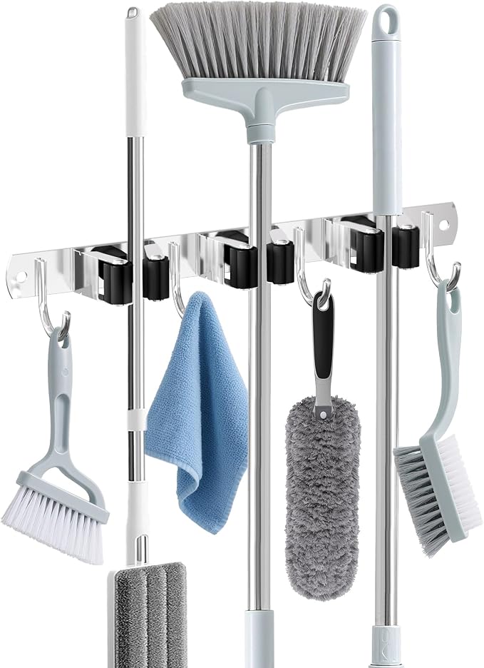HANZENMA Broom Holder Wall Mount, Broom Organizer Wall Mount Stainless Steel Broom and Mop Hanger Heavy Duty Storage Organization for Home Kitchen Garden Garage Room 3 Racks 4 Hooks Black by HANZENMA