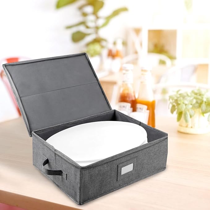 popoly Platter Storage Case, China Storage Containers Hard Shell 17" x 13" x 6", 5 Felt Dividers Included, Structured Top and Stackable (Linen Grey) - Image 6