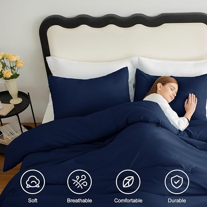 CozyLux Oversized King Comforter Set Navy Blue, 3 Pieces 120x98 Solid Breathable Quilted Bedding Sets for All Seasons, Luxury Soft Lightweight Bed Set with Down Alternative Comforter and 2 Pillowcases