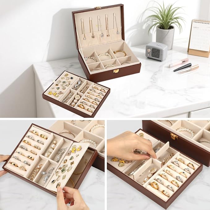 Voova Jewelry Box Organizer for Women Girls, 2 Layer Large Men Jewelry Storage Case, PU Leather Display Jewellery Holder with Removable Tray for Necklace Earrings Rings Bracelets, Caramel Brown - Image 3