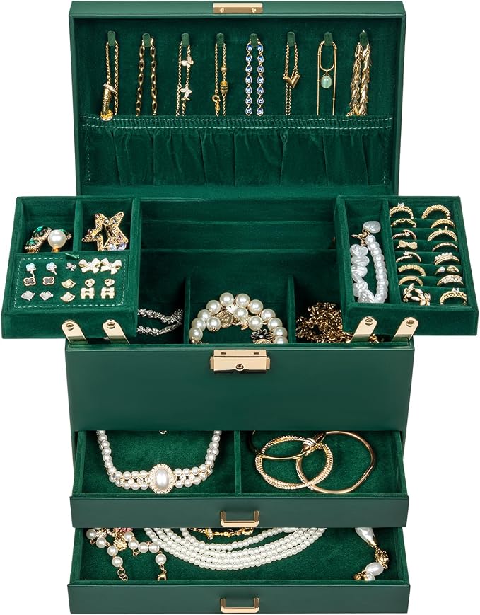 AKOZLIN Travel Jewelry Box Organizer Functional 2-trays Leather Jewelry Storage Case with Lockable Portable 2 Drawers for Women Girls Ring Necklace Earring Bracelet - Image 2