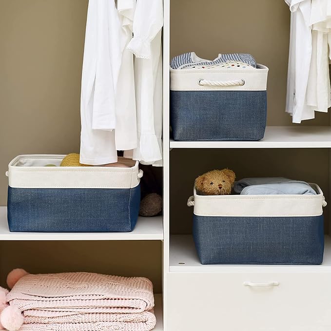 TheWarmHome Storage Bins for Shelves - 1 Pack 15.7x11.8x8.3 inch Fabric Storage Cubes, Storage Basket for Organizing Gift Laundry Cloth Toy Room (White & Jean Blue) - Image 5