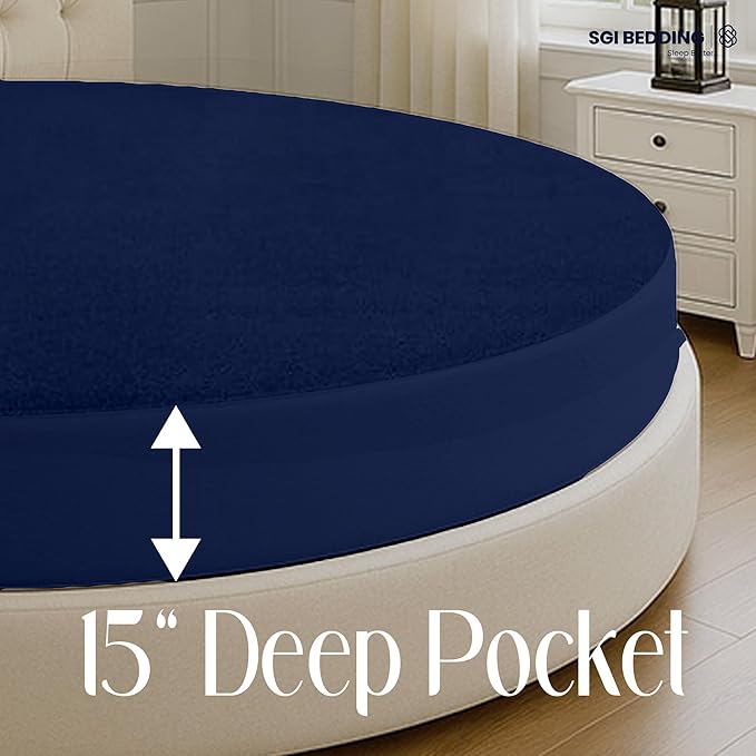 SGI Bedding Waterproof Round Mattress Protector 96" Diameter– 15" Deep Pocket Fitted Style Terry Cotton Mattress Pad Cover, Soft, Breathable & Noiseless, Spills & Stains Bed Protection – Navy Blue
