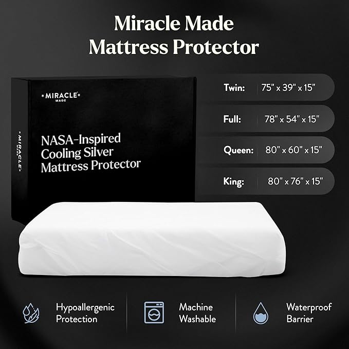 Miracle Made Mattress Protector – Silver-Treated Cotton Fabric – Water-Resistant, Breathable, Fresher-Feeling Cover – Compatible with 3-Temperature Zone Comforter, King, White