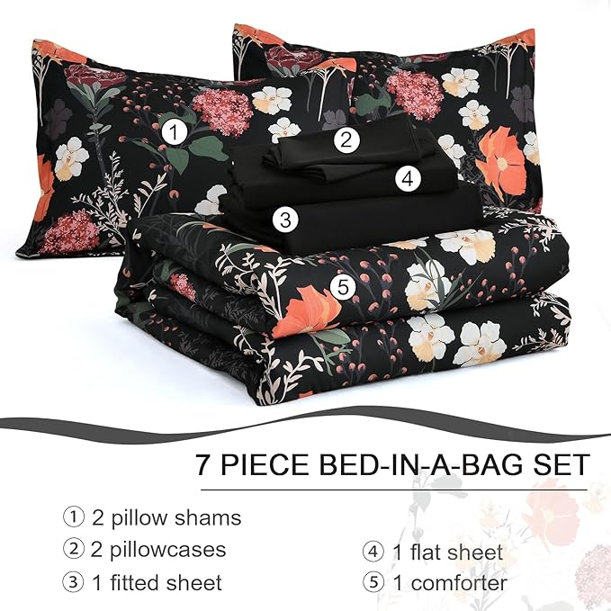 Yiran Black Red Floral Comforter Set Queen Size, 7 Piece Winter Comforter Bedding Set, Colorful Farmhouse Bed in a Bag, Soft Microfiber Complete Bedding Set with Sheets for All Season