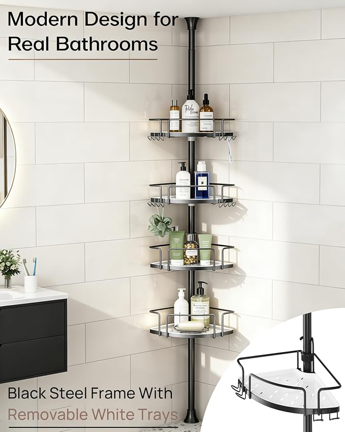 ALLZONE Corner Shower Caddy Tension Pole, 4 Hang-On Basket with Mixed-Height Shelves for Various Bottle Sizes, Extra Hooks & Soap Holder, Rustproof Stainless Steel, Fits 34–116 Inch, Black/White - Image 5