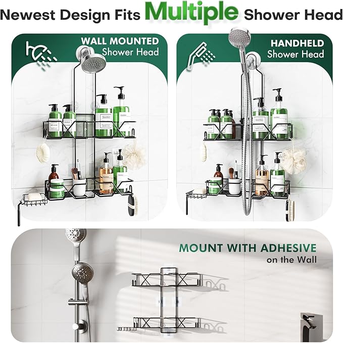 Sewulidon Stainless Steel Hanging Shower Caddy for Handheld Shower Heads,Adjustable Height Extra Long Bathroom Shower Organizer Hanger Rack with Hooks,Soap Holder - Image 5