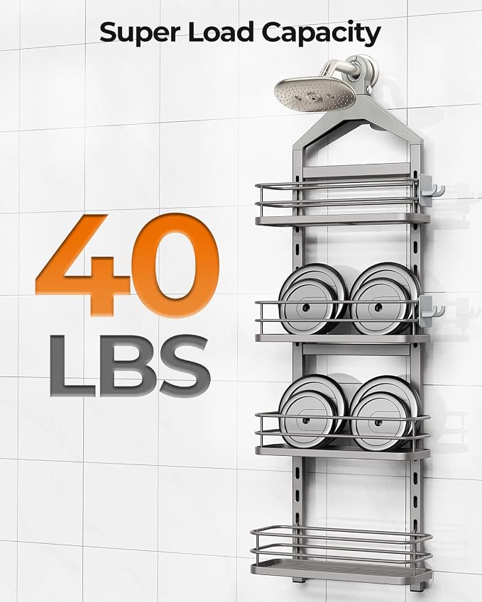 ODesign 4 Tier Height-Adjustable Shower Caddy Hanging Anti-Swing-Over The Shower Head Caddy-Showers Storage Organizer Bathroom Shelves Basket Showers Caddies-Grey - Image 7