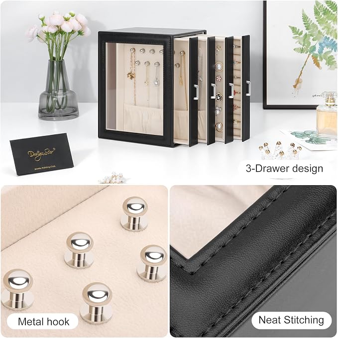DesignSter Jewelry Box Organizer, Jewelry Box for Women, PU Jewelry Organizer Display Case with Side Drawers, Jewelry Storage for Earring Necklace Ring Bracelet Watch - Image 6