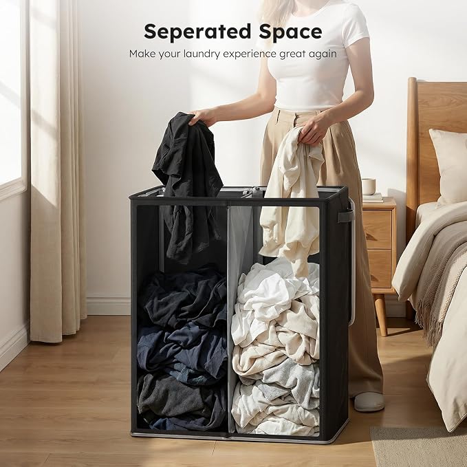 SOLEDI Double Laundry Hamper with Lid and Removable Laundry Bags,Divided Laundry Bin - Large Clothes Hamper 2 Section - Collapsible Laundry Baskets for Bedroom, Bathroom, Laundry Room,Black - Image 4