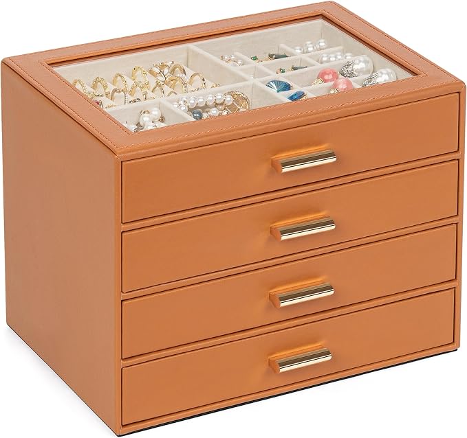 AKOZLIN Jewelry Box with Clear Lid Functional Leather Jewelry Storage Organizer Case 4 Drawers for Women Girls Necklace Ring Bracelet Earring Orange by AKOZLIN