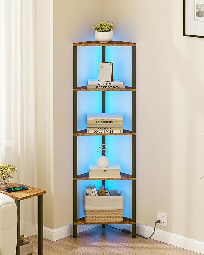 TUTOTAK Corner Shelf with LED Light, 5-Tier Corner Bookshelf for Small Space, Narrow Display Corner Shelf Stand with Storage Rack, for Living Room, Bedroom, Rustic Brown BS05BB005L by ChoosetutotakFurnitureBuildYourCozyHome