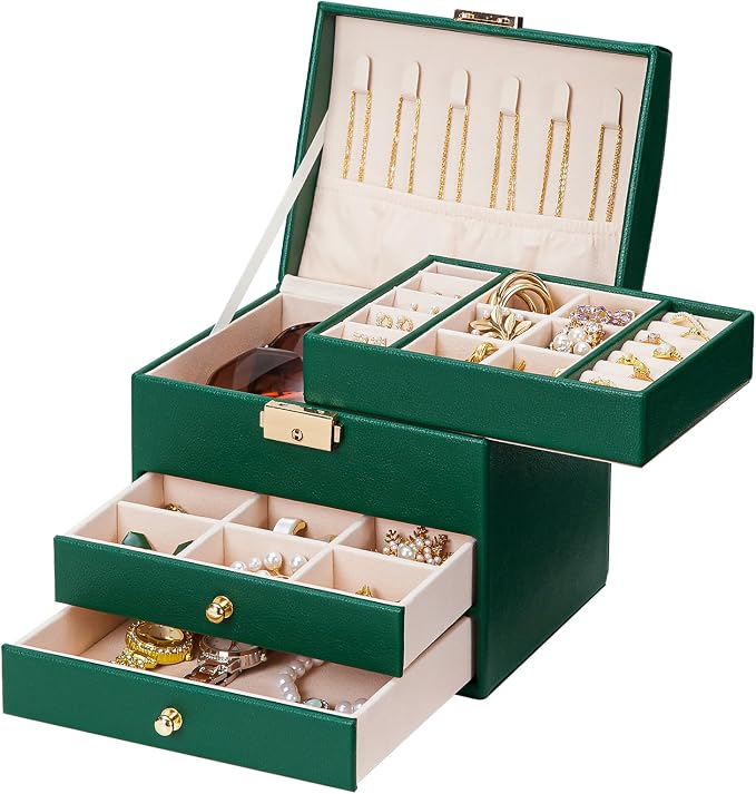 Homde Mothers Day Gifts Small Girls Jewelry Box with Lock: 3 Layer Organizer with Removable Tray - Storage for Ring Necklace Earring - Birthday & Return Gifts for Young Women (Midnight Green) by Homde