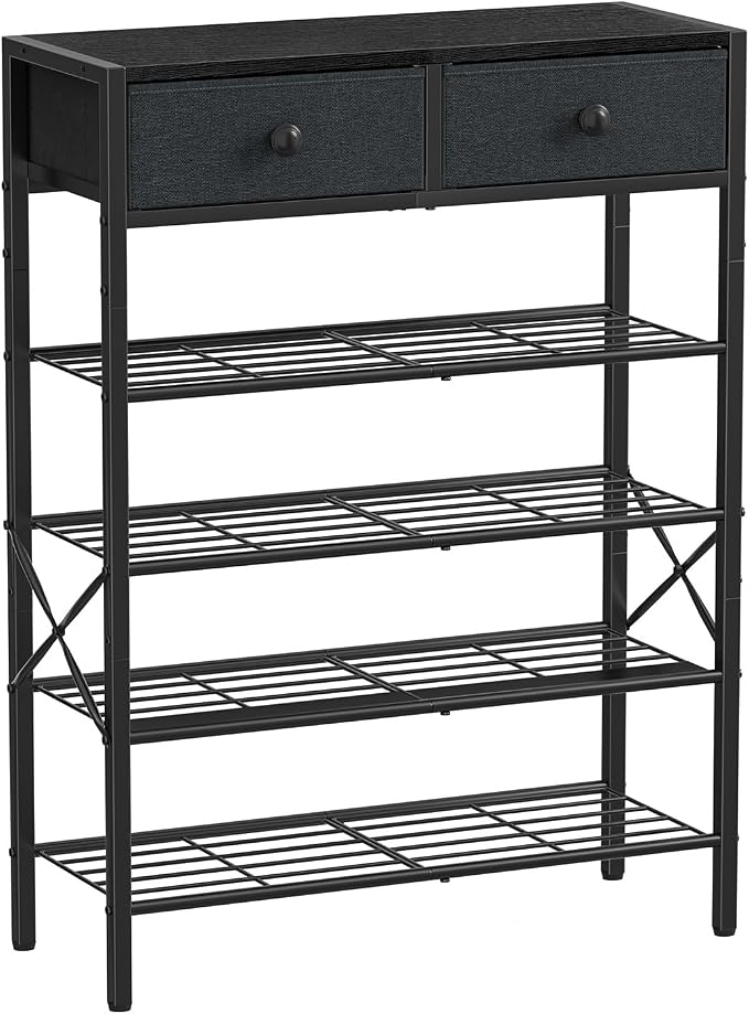 Shoe Rack for Entryway, 5 Tier Shoe Organizer with 2 Non-Woven Drawers, Metal Storage Shoe Shelf for 16-20 Pairs of Shoes, with Wooden Top and Steel Frame, Shoe Stand for Closet Black Grey by UNITSTAGE