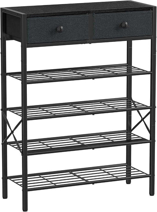 Shoe Rack for Entryway, 5 Tier Shoe Organizer with 2 Non-Woven Drawers, Metal Storage Shoe Shelf for 16-20 Pairs of Shoes, with Wooden Top and Steel Frame, Shoe Stand for Closet Black Grey by UNITSTAGE