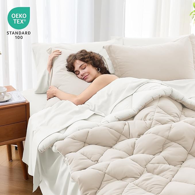 MUXHOMO 5 Pieces Twin XL Comforter Set, Reversible Bed in a Bag Twin XL Size, All Season Bedding Set with Comforter, Flat Sheet, Fitted Sheet, Pillowcases & Shams, Beige & White