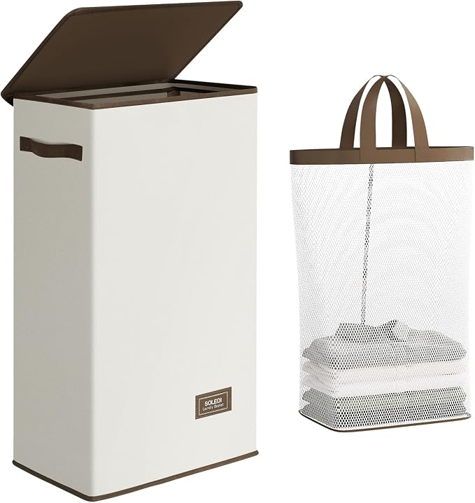 SOLEDI Slim Laundry Hamper with Lid, Narrow Laundry Basket with Removable Bags, Dirty Clothes Hamper with handle, Small Hamper perfect for Laundry room, Bathroom, Bedroom, Small spaces. 70L Beige by SOLEDI
