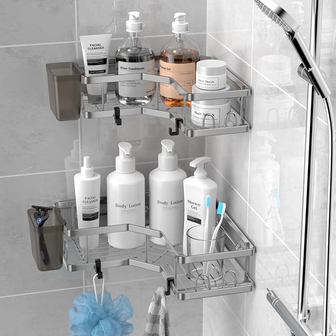 Corner Shower Caddy Bathroom Organizer: AKTECKE 2 Pack Adhesive Shelf Decor- No Drilling Stainless Steel Storage Rack with Hooks and Toothpaste Holder - Accessories Stuff - Image 3