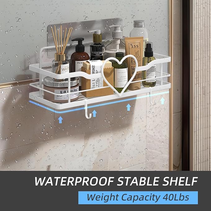 White Shower Caddy with 4 Removable Hooks, 2 Pack Sweet Heart Shower Shelves,No Drilling Adhesive Organizer Shelf for Bathroom Shower,Kitchen,Bedroom - Image 3
