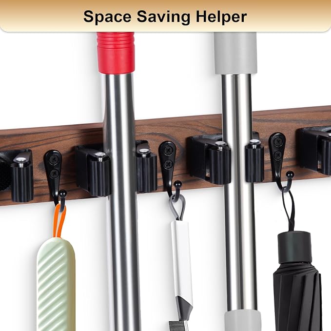 FunCee Broom Holder Wall Mount With 5 Slots & 4 Hooks，Rustic Wood Broom & Mop Hanger，Wall Mounted Garden & Garage Tool Storage Organizer Rack for Closet Laundry Room or Kitchen Wall Decor - Image 3