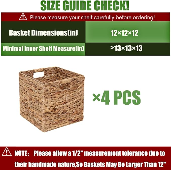 12x12in Storage Baskets Set of 4 Water Hyacinth Baskets,Foldable Handwoven Storage Cubes,Wicker Cube Baskets Laundry Organizer Totes for Home - Image 2