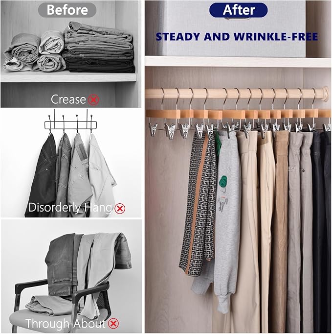 Amber Home 24 Pack Natural Wooden Pants Hangers with Clips, Wood Skirt Hangers Trouser Hangers for Jeans, Slacks, Shorts with 2-Adjustable Clips - Image 5