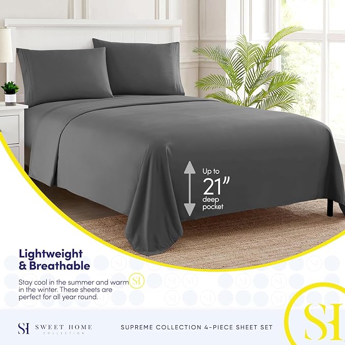 Twin Sheets - Breathable Luxury Sheets with Full Elastic & Secure Corner Straps Built In - 1800 Supreme Collection Extra Soft Deep Pocket Bedding Set, Sheet Set, EXTRA DEEP pocket - Twin, Gray