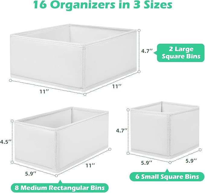 Drawer Clothing Organizer 16-Pack, White 3 Sizes Underwear Drawer Dividers, Fabric Folding Wardrobe Organizer, Can Store Baby Clothes, Bras, Underwear, Panties, Belts, Socks, Ties, etc. - Image 2