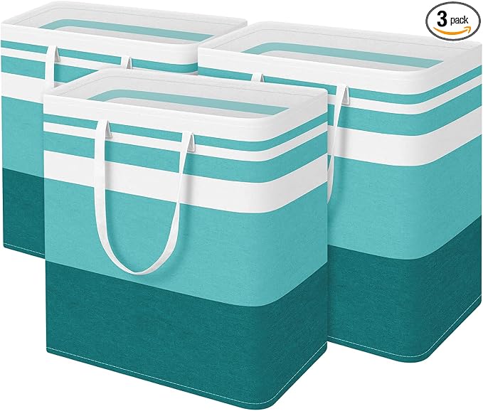 BlissTotes 3-Pack Laundry Basket, Freestanding＆Waterproof Laundry Hamper, Collapsible Tall Clothes Hamper with Easy Carry Handles for Clothes, Towels in the Family and Dorm,Gradient Green,125L by BlissTotes