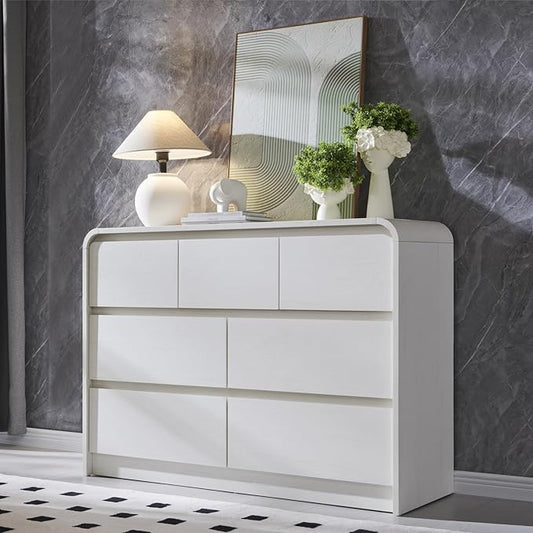 Aitjunz Modern 7 Drawers Dresser for Bedroom, 47" Wide Wood Dressers & Chests of Drawers w/Curved Profile Design, Mid Century Modern Dresser w/Natural Texture for Bedroom, Living Room,Antique White
