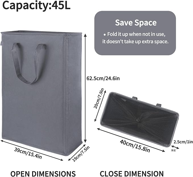 Odonata Slim Laundry Hamper Handles Collapsible Laundry Basket Thin Dirty Clothes Basket Narrow Laundry Bag Foldable Dirty Hamper 45L (Dark Grey) - Image 2