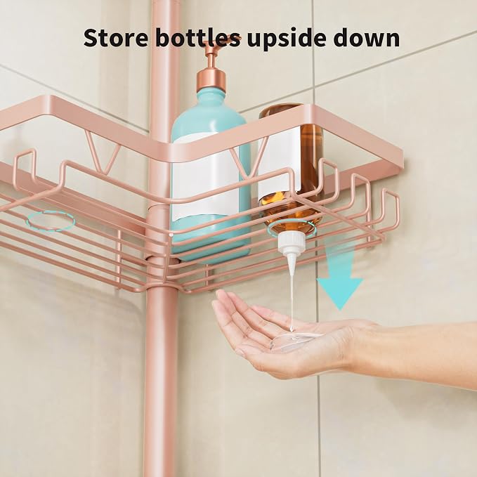 KEGII Corner Shower Caddy Tension Pole - 4-Tier Rustproof Bathroom Organizer, Floor to Ceiling Shower Caddy 25-114.2 inch, No Drilling Shower Storage Rack for Shampoo, Towels (Blush Nude) - Image 5