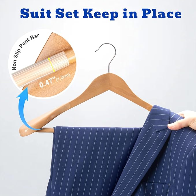 HOUSE DAY Wide Shoulder Wooden Hangers 12 Pack, Wood Suit Hangers for Men with Non Slip Pants Bar, Smooth Finish Solid Wood Coat Hanger for Jacket, Pants, Dress, Heavy Clothes Hangers (Natural) - Image 4