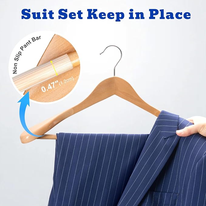HOUSE DAY Wood Suit Hangers for Men, Smooth Wide Shoulder Wooden Hanger with Non Slip Pant Holder, Wide Hangers for Suits, Coats, Jackets, Heavy Wide Clothes Hanger 2 Pack, Natural - Image 4