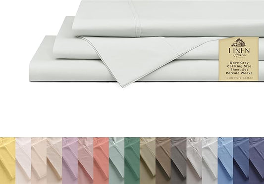 Linen Home 100% Cotton Percale Sheets California King Size, Dove Grey, Deep Pocket, 4 Pieces Set - 1 Flat, 1 Deep Pocket Fitted Sheet and 2 Pillowcases, Crisp Cool and Strong Bed Linen