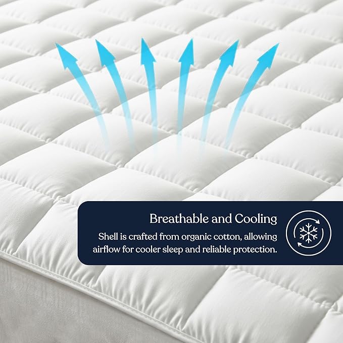 Delara Twin Size Organic Cotton Mattress Pad & Protector – Hypoallergenic Down Alternative Fill, Waterproof Noiseless TPU Protection, Cooling Mattress Topper and Cover