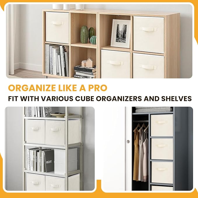 Criusia Large Storage Cubes, 13 Inch Cube Storage Bins for Shelves Closet Nursery Bedroom - 10 Pack Collapsible Storage Baskets with Handles - Fabric Bins for Organizing Clothes Blanket Toys (Beige) - Image 4