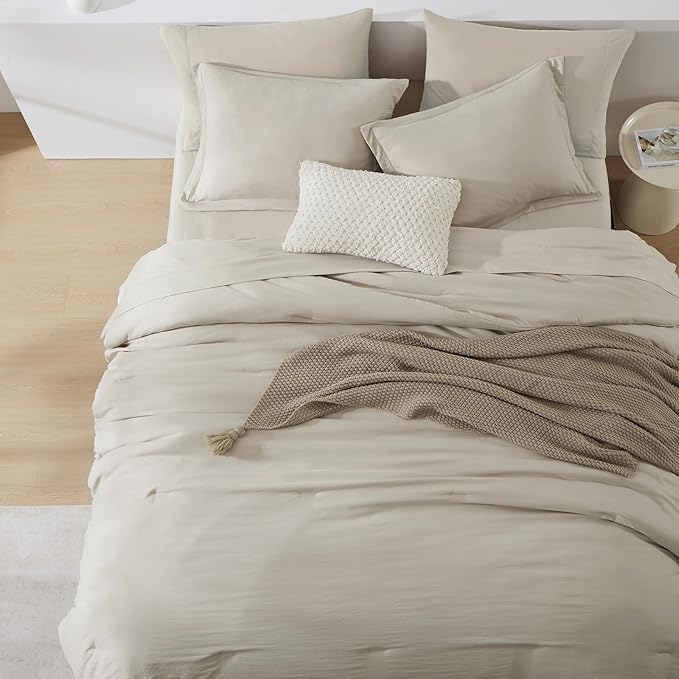WRENSONGE Light Oatmeal Super King Comforter Set, 7 Pieces Soft Microfiber Comforters with Fitted Sheet, Flat Sheet, 2 Pillow Shams, and 2 Pillowcases- Warm Bedding Sets Super King for All Season