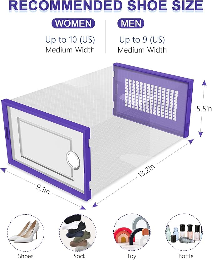 Kuject Shoe Organizers Storage Boxes for Closet, 12 Pack Clear Plastic Stackable Storage Bins with Lids, Under Bed Shoe Containers for Entryway, Drop Front, Fit up to Women's Size 10,Purple - Image 3
