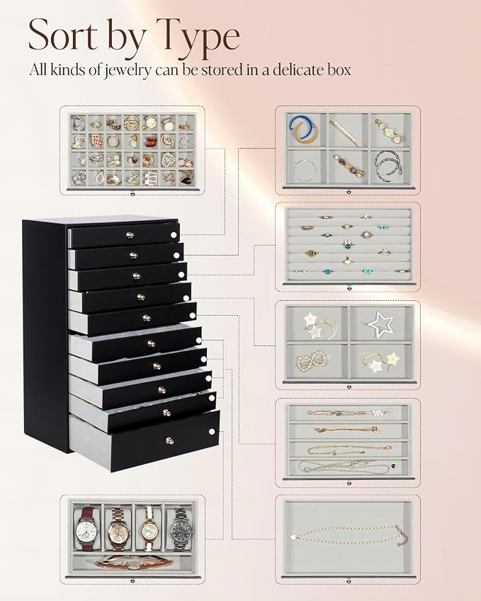 GUKA Large Jewelry Box, Jewelry Case with 10 Drawers for Big and Small Jewelry, Jewelry Storage Organizer for Watch Earrings Necklace Rings Bracelets, Birthday Wedding Gifts, Black - Image 4