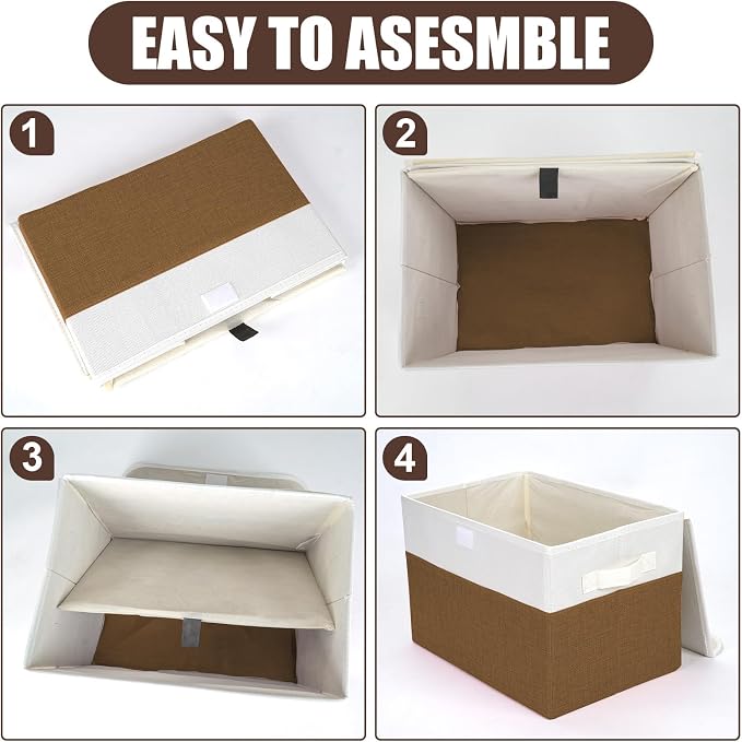 Bagnizer Large 22 Quart Linen Fabric Foldable Storage Bin Cube Organizer Basket with Flip-Top Lid & Handles, Clothes Blanket Box for Home, Office, Closet, Brown & White, 4 Pack 14.6 x 9.5 x 9.5 - Image 3