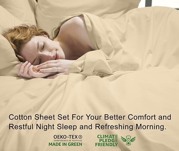 RUVANTI 100% Cotton Sheets – Twin Size Percale Bedding, Cooling & Breathable, Durable with a Crisp, Soft & Comfortable Feel, 16" Deep Pocket, 3-Piece Set, Beige