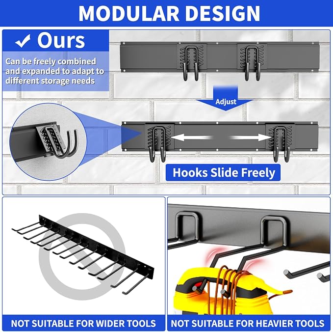 Garage Wall Organizer Wall Mount, 48inch Heavy Duty Garden Tool organizer Storage System, Easy Install With 6 Adjustable Hooks, For Garage, Basement, Shed, Workshop(Black) - Image 4