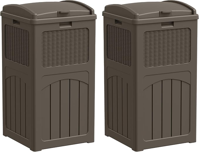 Greesum 33 Gallon Outdoor Trash Can with Lid (2-Pack), Heavy Duty Resin Garbage Bin, Waterproof & UV Resistant for Patio, Garden, Deck, Yard, Brown by BuynowfromGreesum