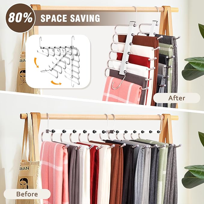 HUITEM 4 Pack 6-Tier Space Saving White Pant Hangers, Anti-Slip, Lightweight, Stainless Steel, Ideal for Closet Organization, Free Installation - Image 2